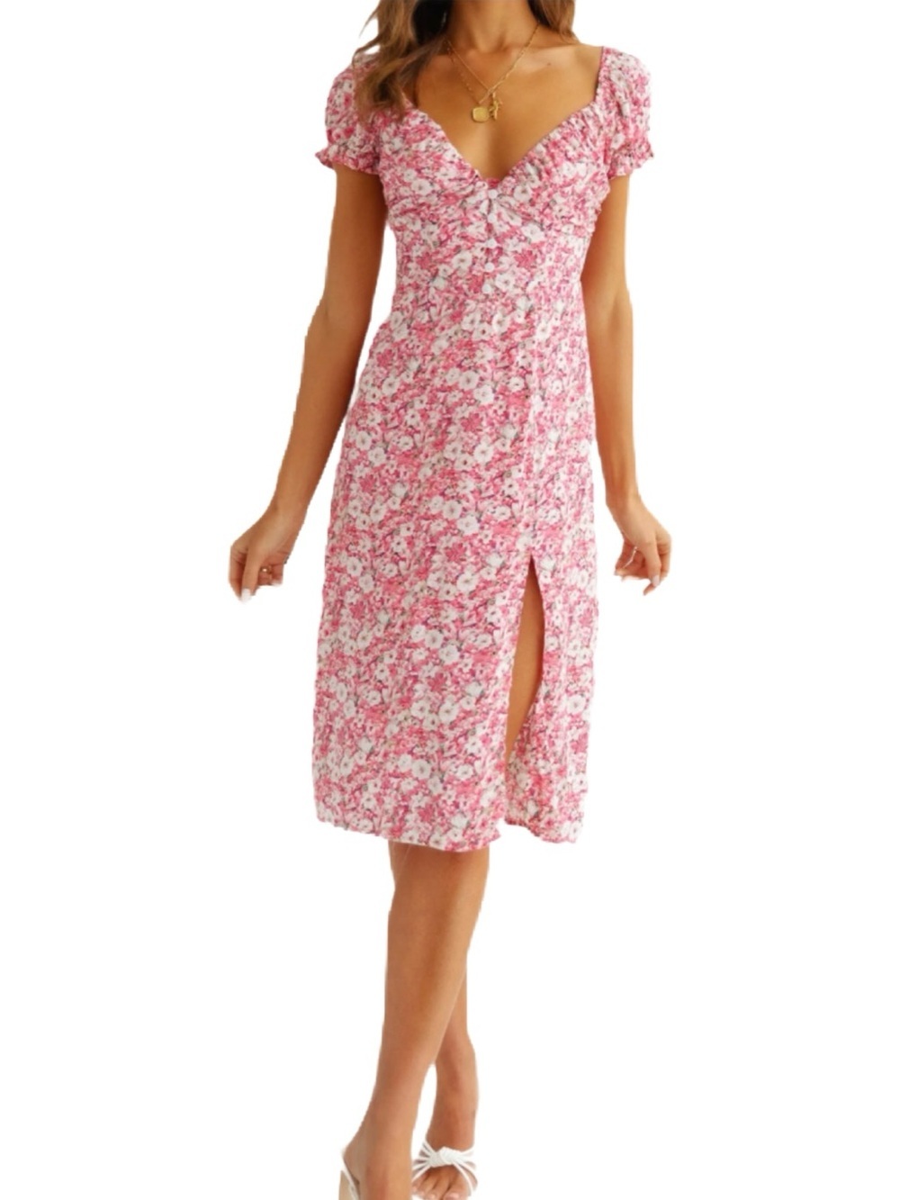 Kiss The Sky Pink Floral Midi Dress with Ruffle Sleeves and Side Slit Size Small